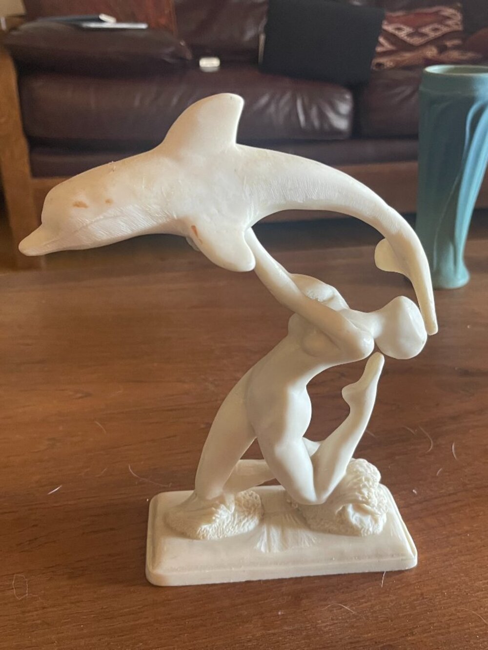 Vintage Marble Resin Nude Woman & Dolphin Sculpture Figurine